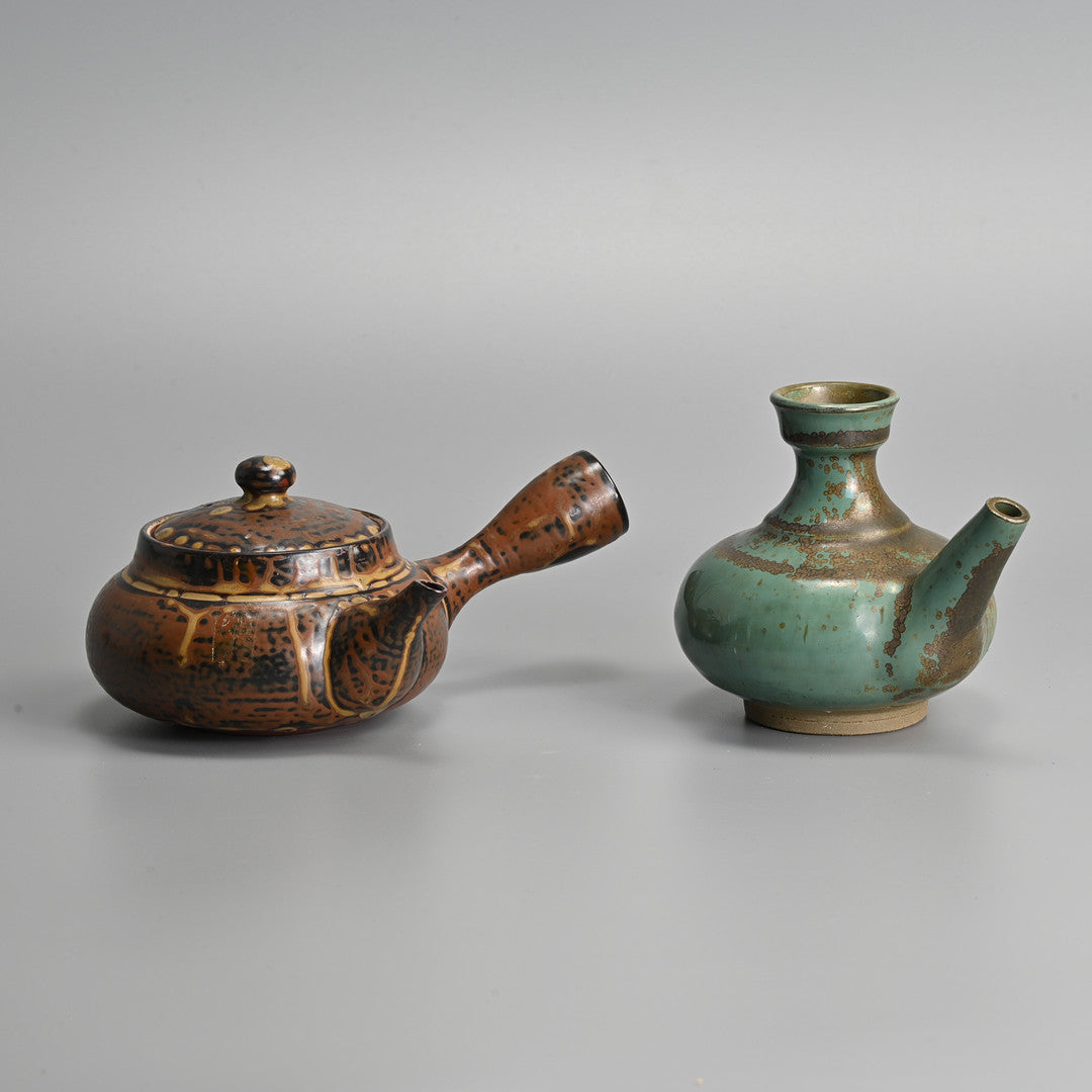 Japanese Glazed Stoneware Tea & Sake Set — Teapot, Sake Pot & Cups, 20th Century (7 Pieces)