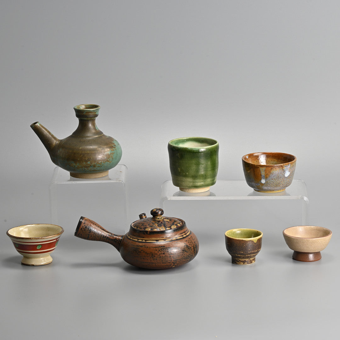 Japanese Glazed Stoneware Tea & Sake Set — Teapot, Sake Pot & Cups, 20th Century (7 Pieces)