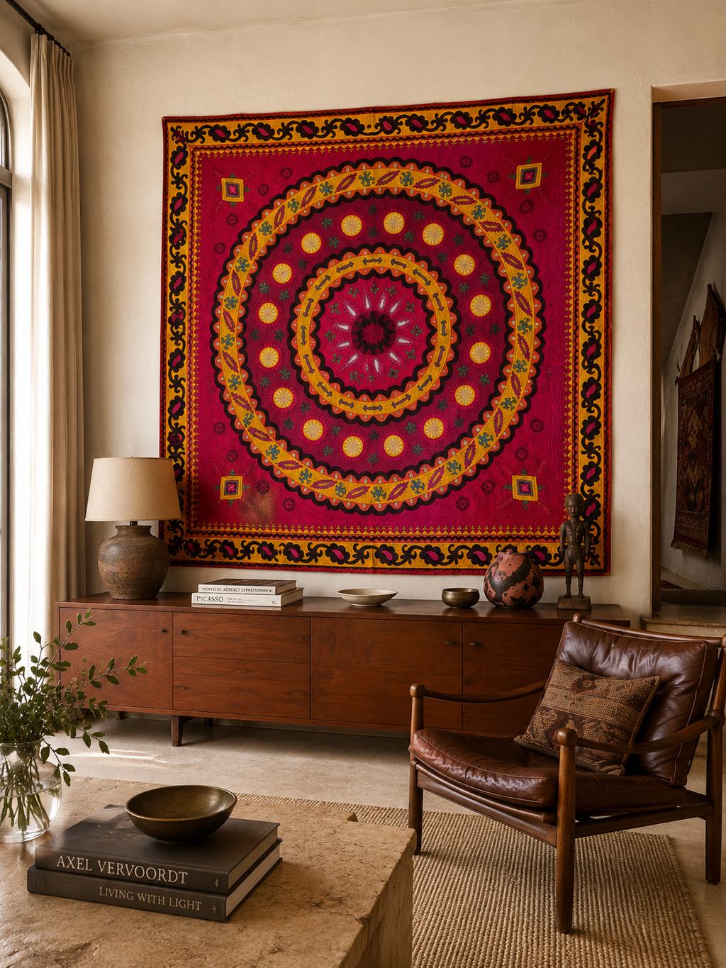 Hand-embroidered Suzani textile wall hanging, vintage Central Asian textile art