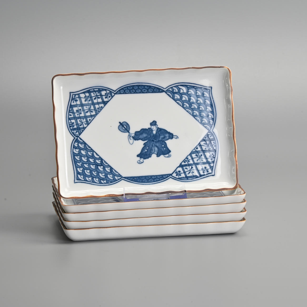 Japanese Arita Porcelain Blue & White Serving Dishes — Sumo Motif, Set of Five (Boxed)