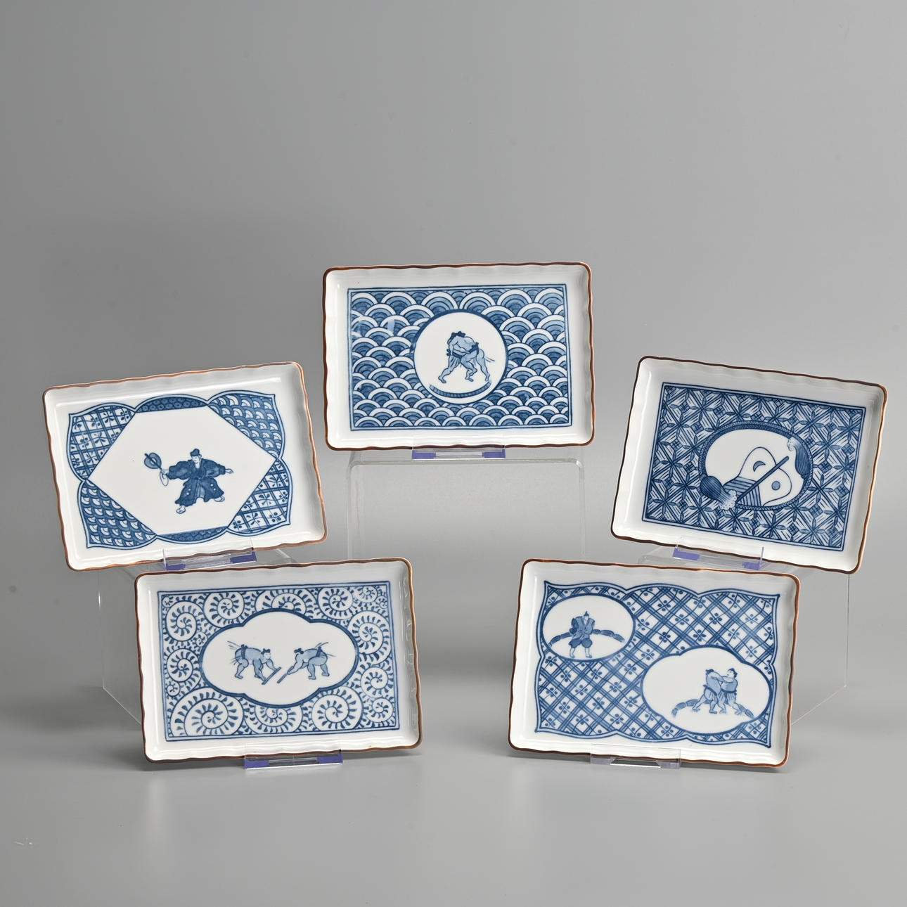 Japanese Arita Porcelain Blue & White Serving Dishes — Sumo Motif, Set of Five (Boxed)