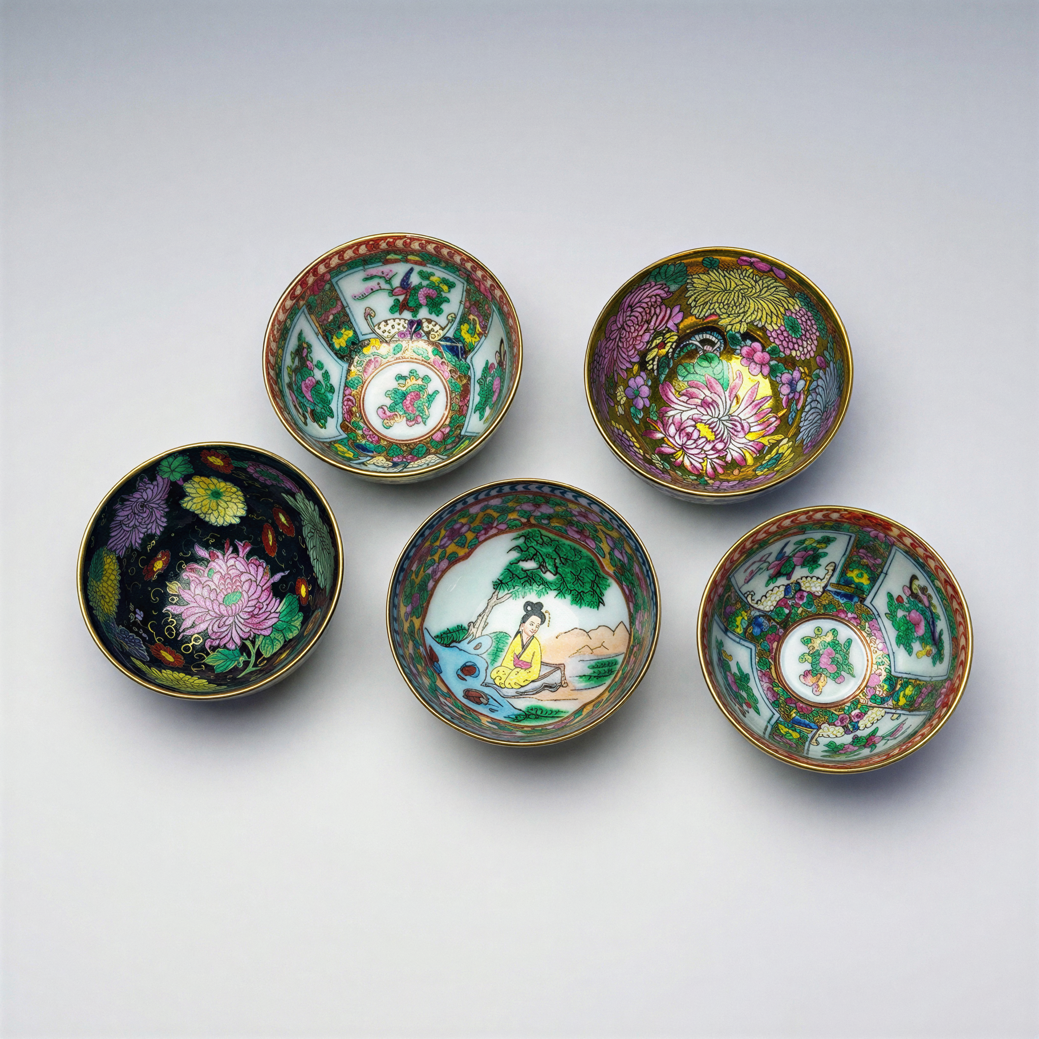 Vintage Chinese Canton Porcelain Sake Cups – Set of Five