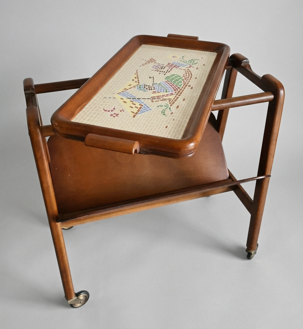 Vintage MCM Serving Trolley with Figurative Ceramic Tile Tray – Grünstadt Edelkeramik Style