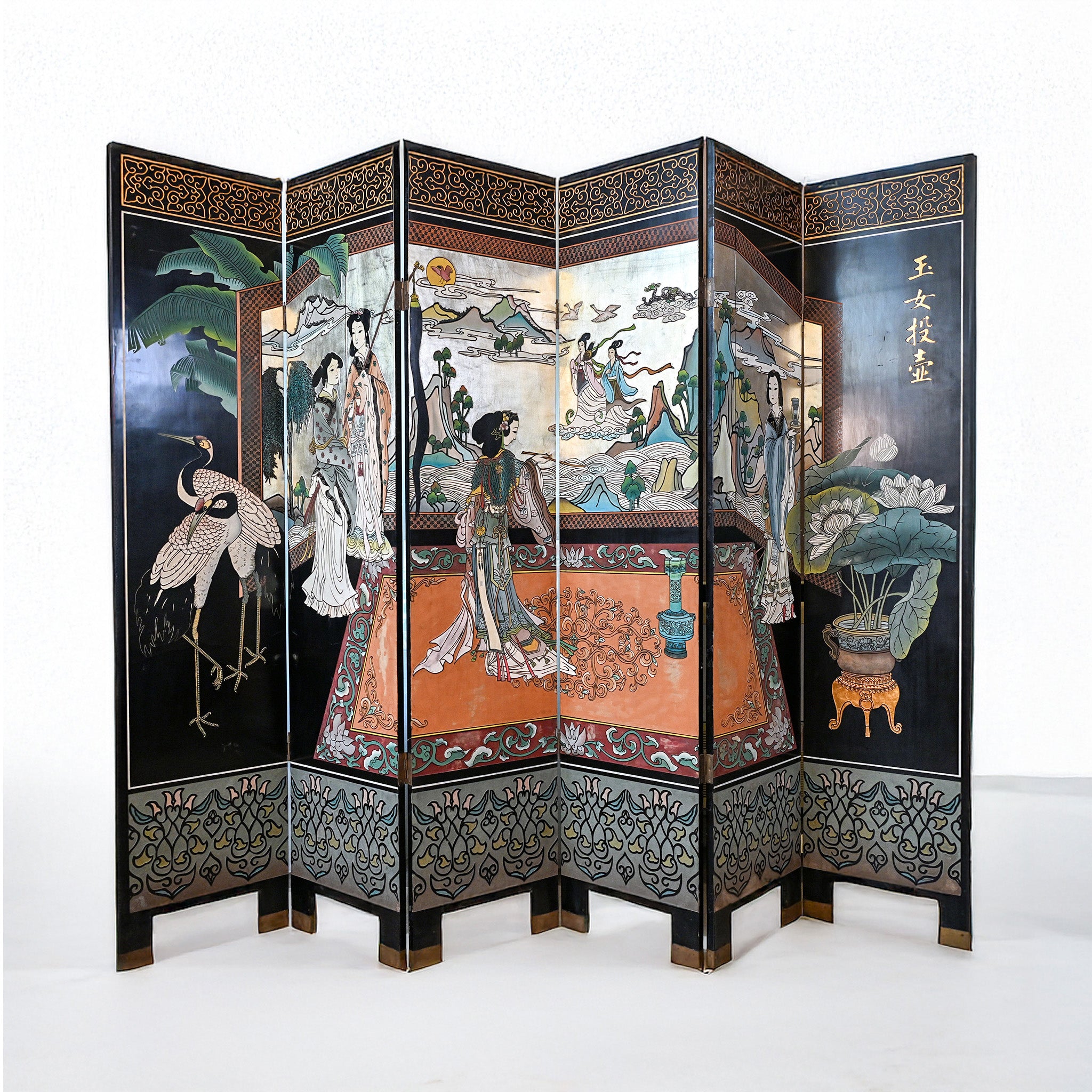 Mid-Century Hand-Painted Chinese Lacquer Screen – 6-Panel Palace Garden Scene
