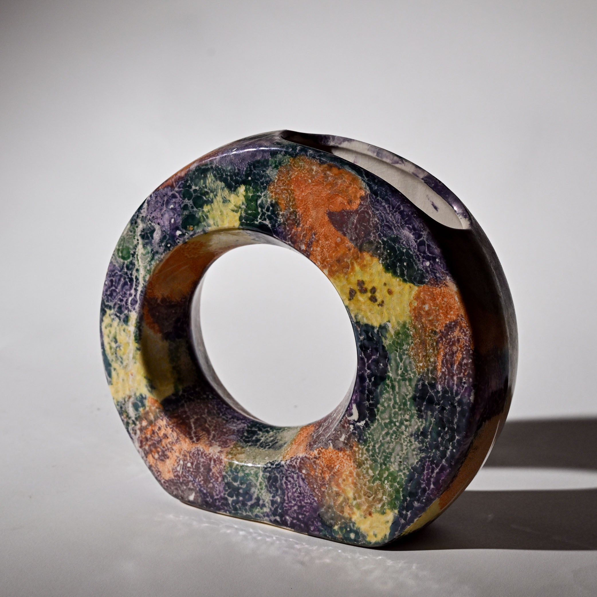 Rare Abstract Ring Ceramic Vase - Multicolour Glaze