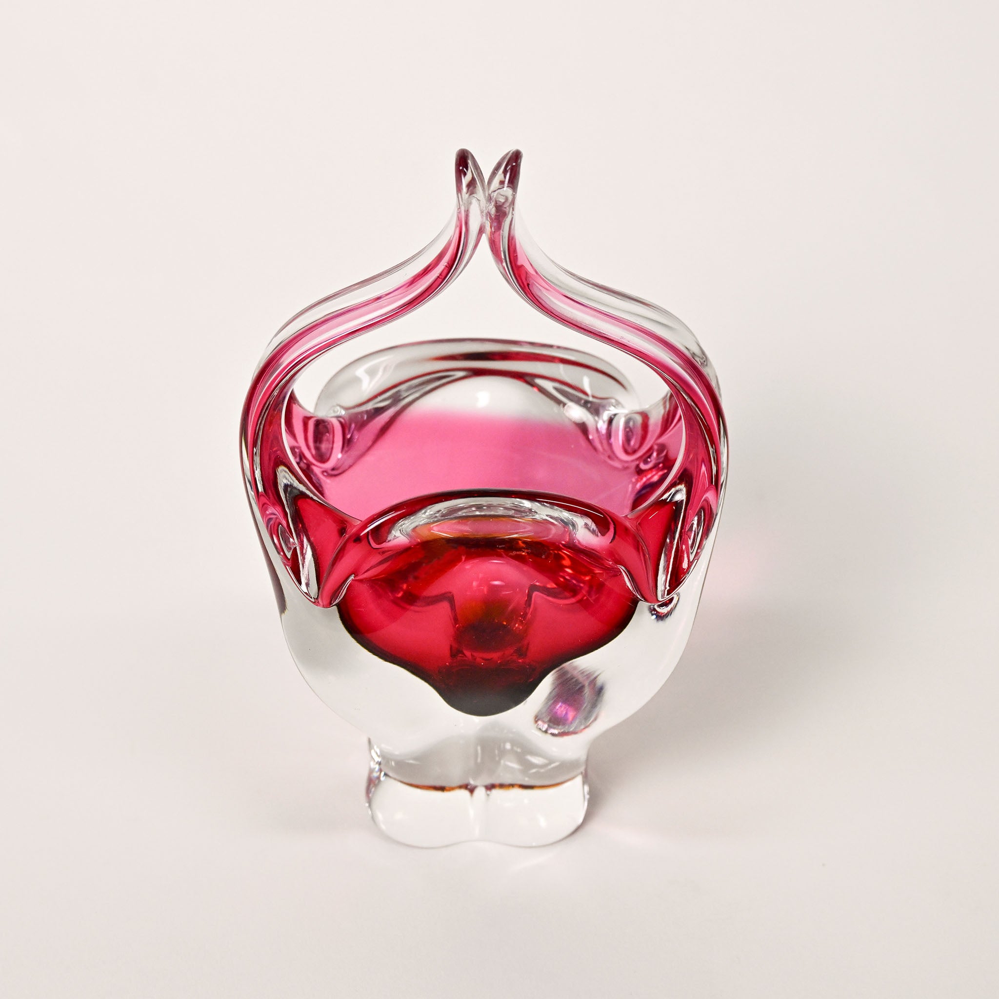 Josef Hospodka Cranberry Pink Basket Vase – Chribska Czech Art Glass, 1960s