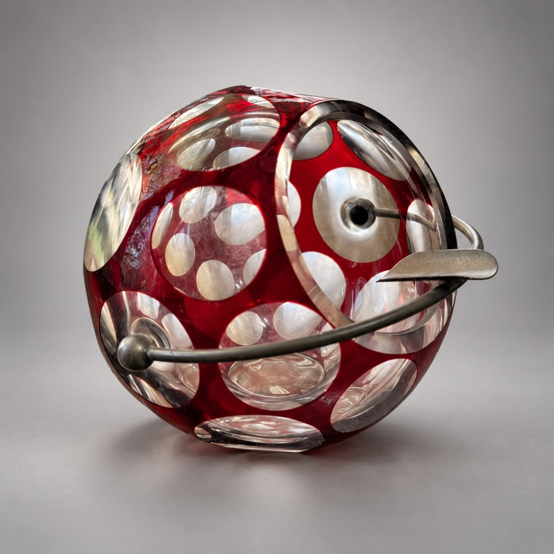 Ruby red cut-to-clear glass orb ashtray, front