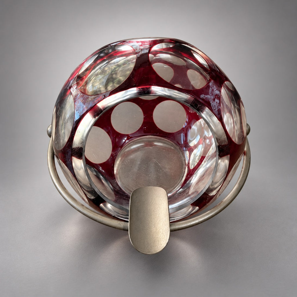 Ruby red cut-to-clear glass orb ashtray, view into opening