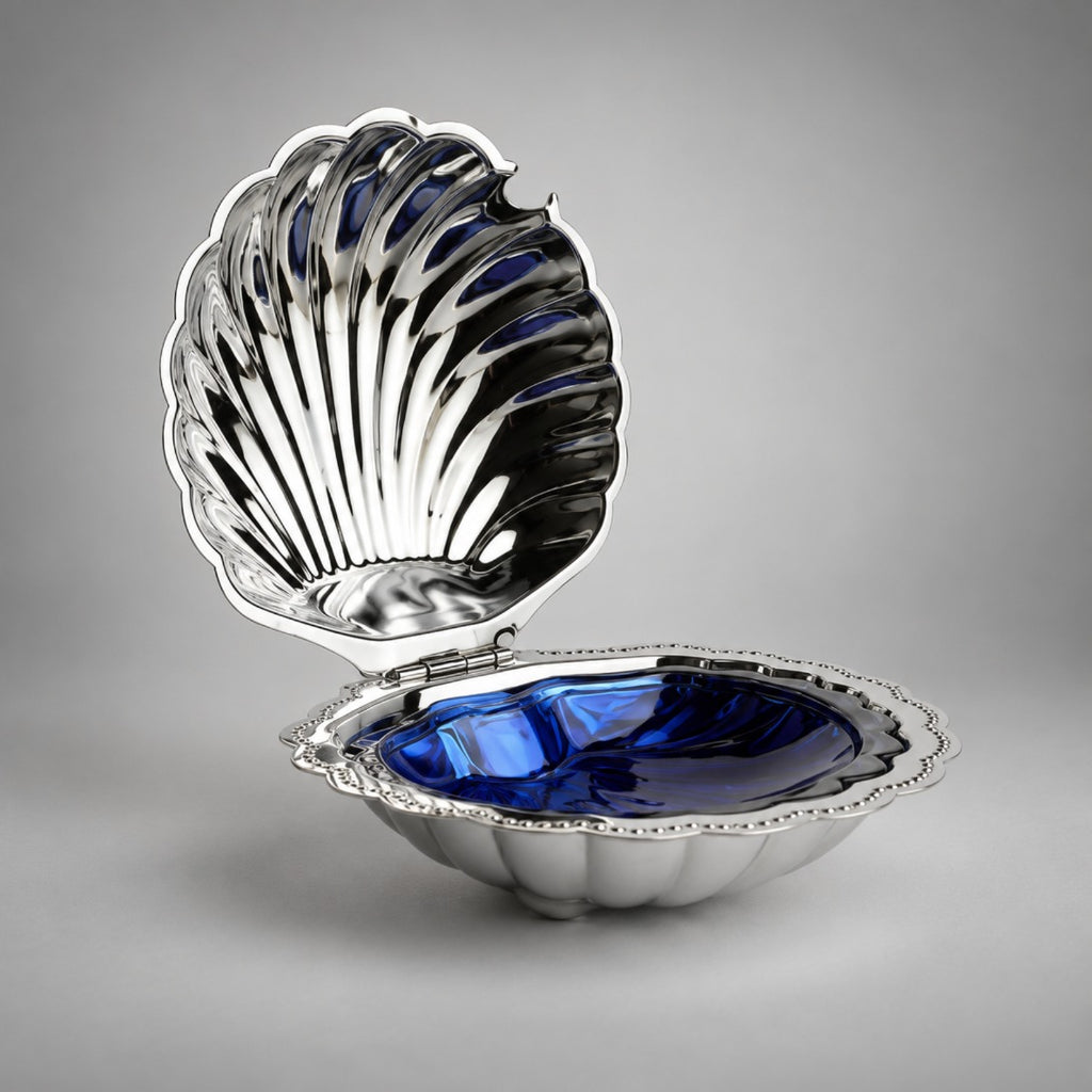 1950s silver-plate shell caviar server, lid open