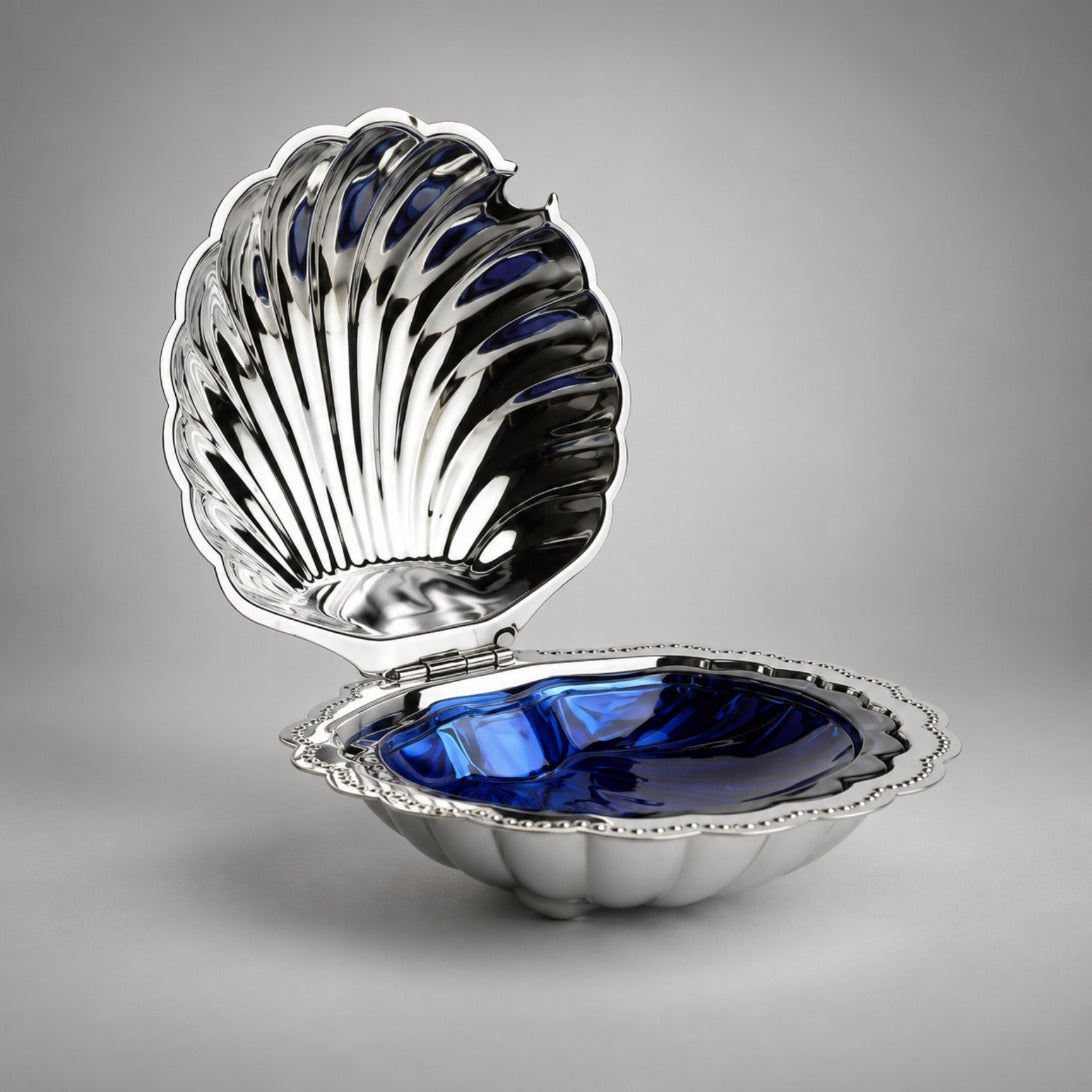 1950s silver-plate shell caviar server, lid open